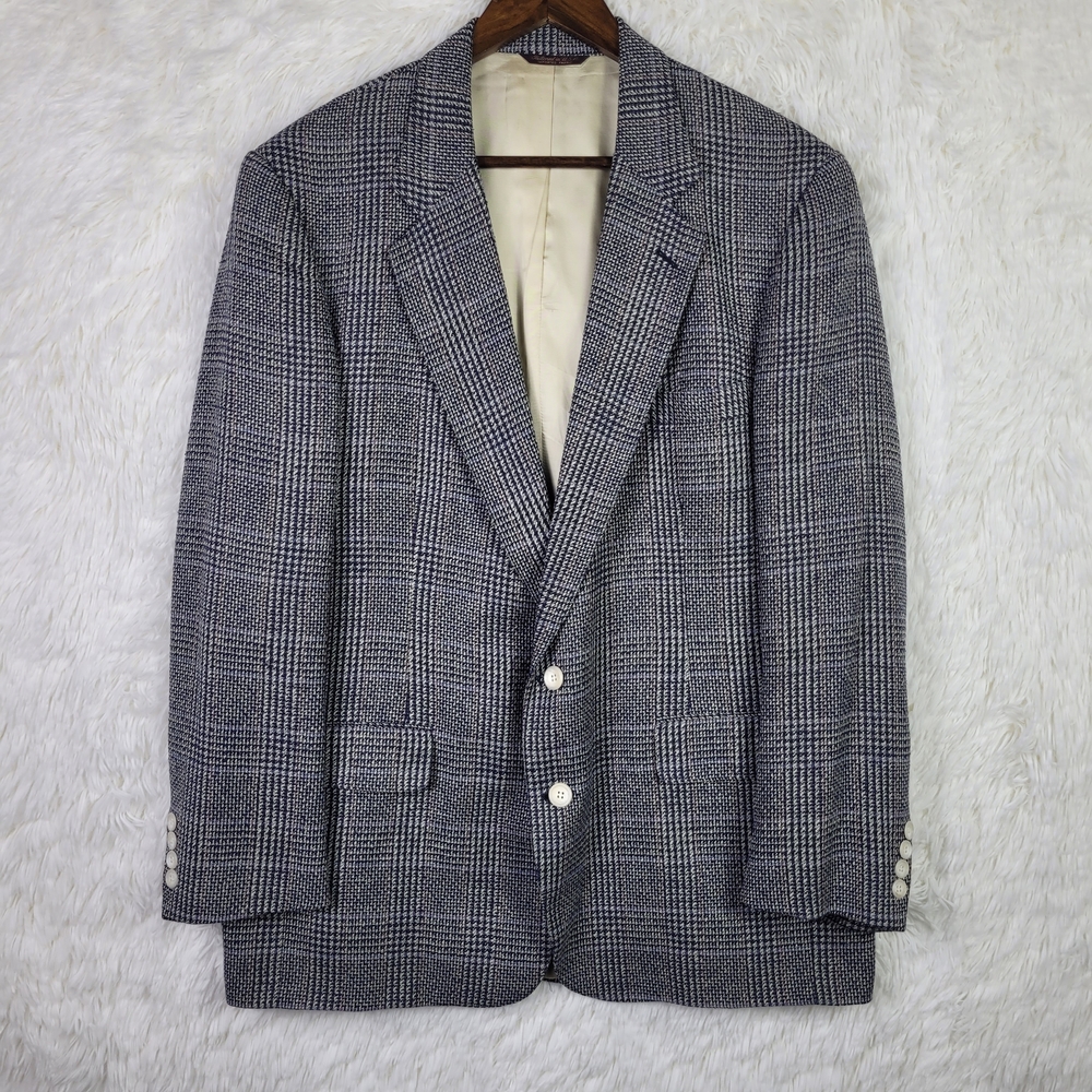 Vtg Cricketeer‎ Gray & Navy Glen Plaid Tweed Sport Coat Blazer 42R Old Money